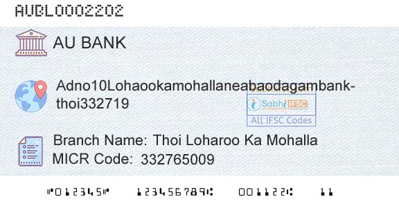 Au Small Finance Bank Limited Thoi Loharoo Ka MohallaBranch 