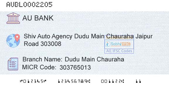 Au Small Finance Bank Limited Dudu Main ChaurahaBranch 