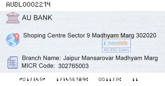 Au Small Finance Bank Limited Jaipur Mansarovar Madhyam MargBranch 