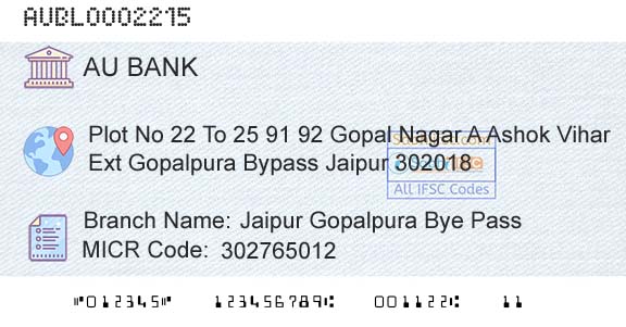 Au Small Finance Bank Limited Jaipur Gopalpura Bye PassBranch 