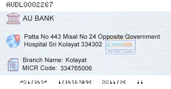 Au Small Finance Bank Limited KolayatBranch 