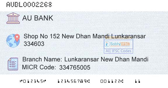 Au Small Finance Bank Limited Lunkaransar New Dhan MandiBranch 