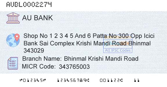 Au Small Finance Bank Limited Bhinmal Krishi Mandi RoadBranch 