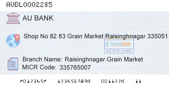 Au Small Finance Bank Limited Raisinghnagar Grain MarketBranch 