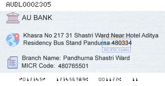Au Small Finance Bank Limited Pandhurna Shastri WardBranch 