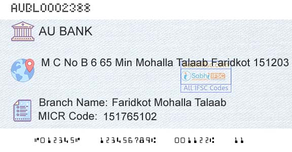 Au Small Finance Bank Limited Faridkot Mohalla TalaabBranch 