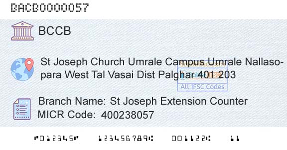 Bassein Catholic Cooperative Bank Limited St Joseph Extension CounterBranch 