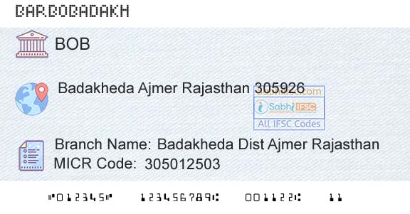 Bank Of Baroda Badakheda Dist Ajmer RajasthanBranch 