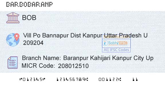 Bank Of Baroda Baranpur Kahijari Kanpur City UpBranch 