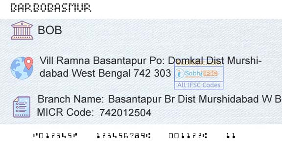 Bank Of Baroda Basantapur Br Dist Murshidabad W BengalBranch 