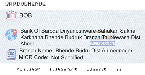Bank Of Baroda Bhende Budru Dist AhmednagarBranch 