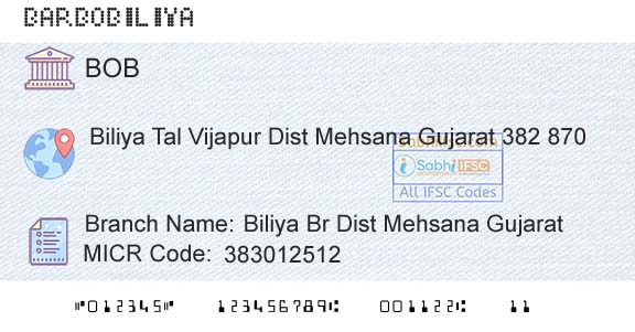 Bank Of Baroda Biliya Br Dist Mehsana GujaratBranch 