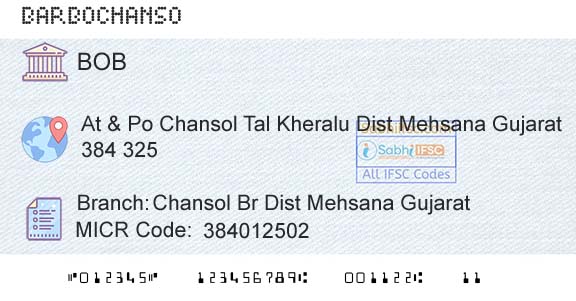 Bank Of Baroda Chansol Br Dist Mehsana GujaratBranch 