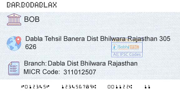 Bank Of Baroda Dabla Dist Bhilwara RajasthanBranch 