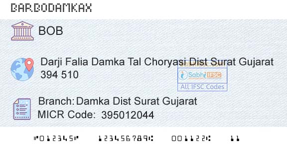 Bank Of Baroda Damka Dist Surat GujaratBranch 
