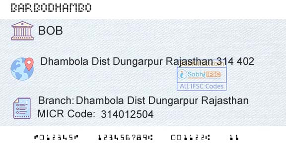 Bank Of Baroda Dhambola Dist Dungarpur RajasthanBranch 