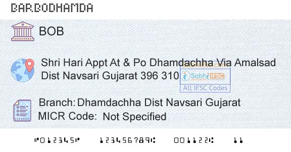 Bank Of Baroda Dhamdachha Dist Navsari GujaratBranch 