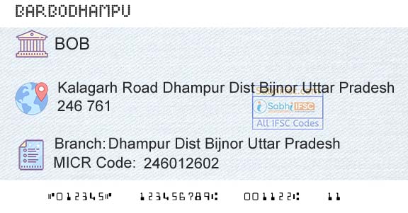Bank Of Baroda Dhampur Dist Bijnor Uttar PradeshBranch 