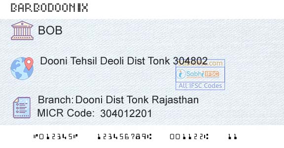 Bank Of Baroda Dooni Dist Tonk RajasthanBranch 