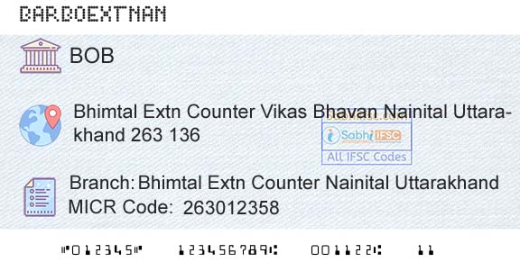 Bank Of Baroda Bhimtal Extn Counter Nainital UttarakhandBranch 