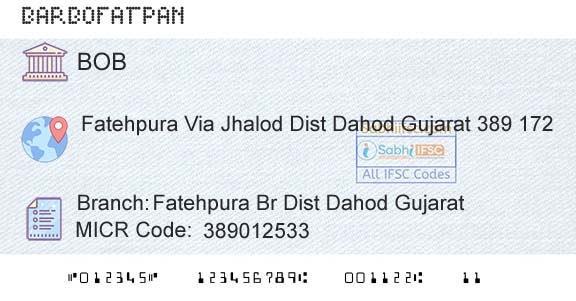 Bank Of Baroda Fatehpura Br Dist Dahod GujaratBranch 