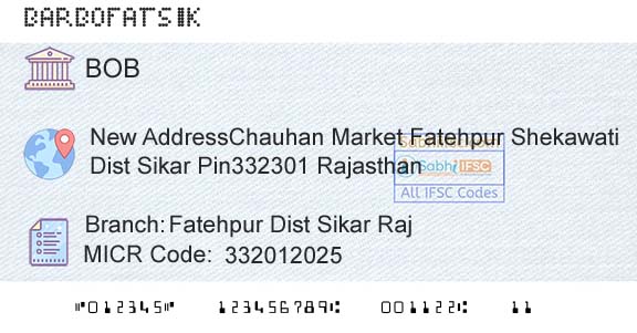 Bank Of Baroda Fatehpur Dist Sikar Raj Branch 