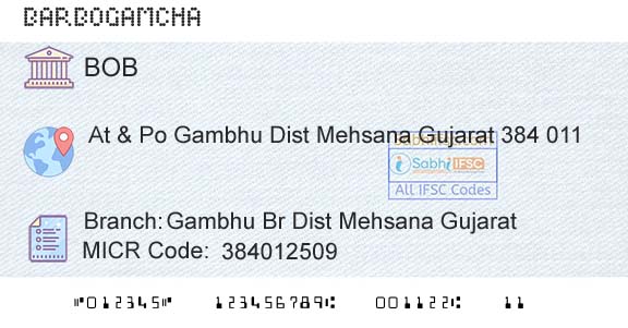 Bank Of Baroda Gambhu Br Dist Mehsana GujaratBranch 
