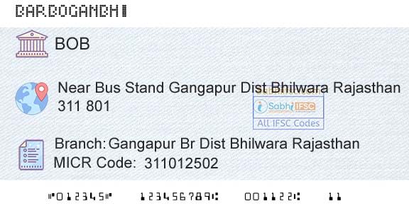 Bank Of Baroda Gangapur Br Dist Bhilwara RajasthanBranch 