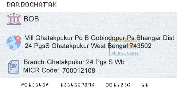 Bank Of Baroda Ghatakpukur 24 Pgs S WbBranch 