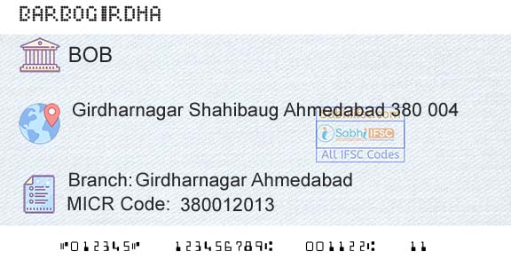 Bank Of Baroda Girdharnagar AhmedabadBranch 