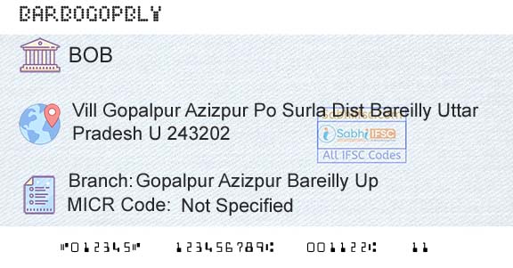 Bank Of Baroda Gopalpur Azizpur Bareilly UpBranch 