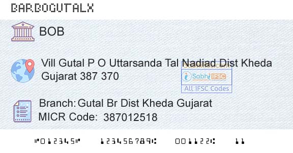 Bank Of Baroda Gutal Br Dist Kheda GujaratBranch 