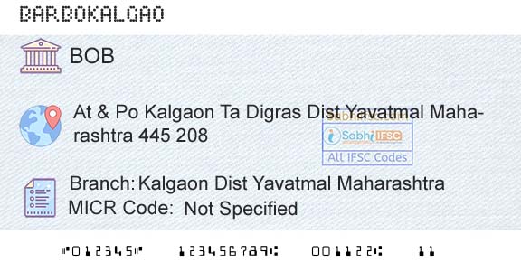 Bank Of Baroda Kalgaon Dist Yavatmal MaharashtraBranch 