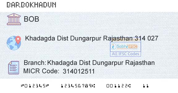 Bank Of Baroda Khadagda Dist Dungarpur RajasthanBranch 