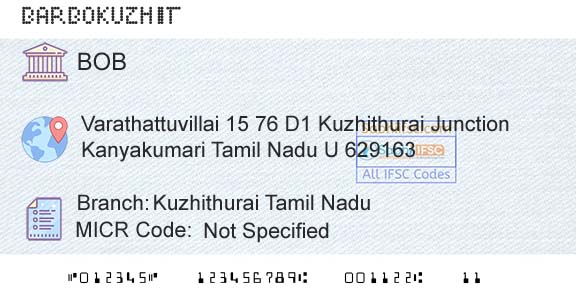 Bank Of Baroda Kuzhithurai Tamil NaduBranch 
