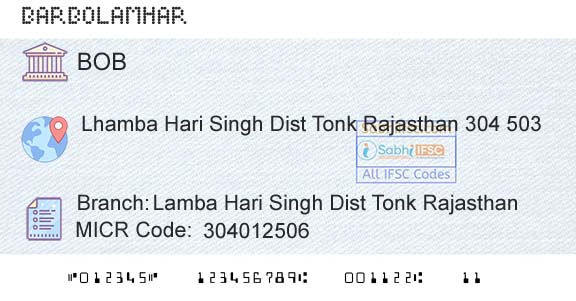 Bank Of Baroda Lamba Hari Singh Dist Tonk RajasthanBranch 