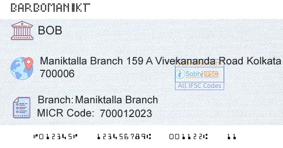 Bank Of Baroda Maniktalla BranchBranch 