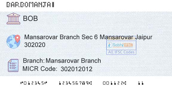 Bank Of Baroda Mansarovar BranchBranch 
