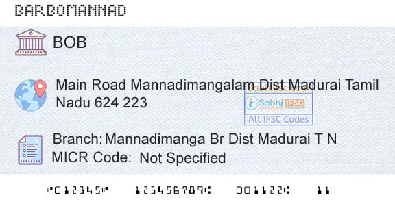 Bank Of Baroda Mannadimanga Br Dist Madurai T N Branch 