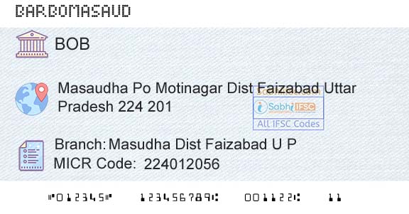 Bank Of Baroda Masudha Dist Faizabad U P Branch 