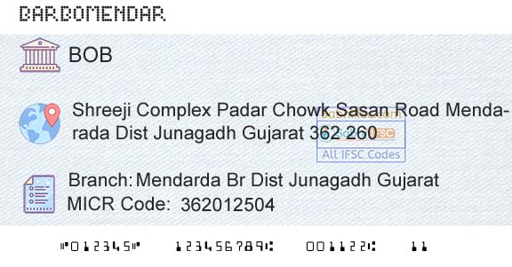 Bank Of Baroda Mendarda Br Dist Junagadh GujaratBranch 