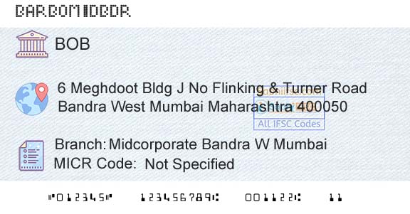Bank Of Baroda Midcorporate Bandra W MumbaiBranch 
