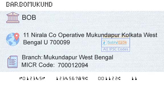 Bank Of Baroda Mukundapur West BengalBranch 