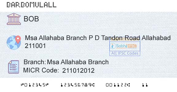 Bank Of Baroda Msa Allahaba BranchBranch 