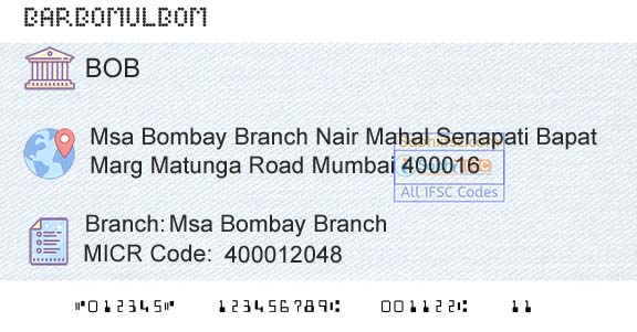 Bank Of Baroda Msa Bombay BranchBranch 