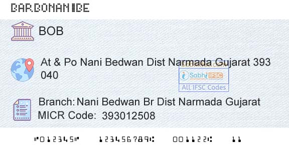 Bank Of Baroda Nani Bedwan Br Dist Narmada GujaratBranch 