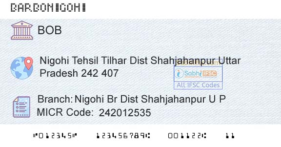 Bank Of Baroda Nigohi Br Dist Shahjahanpur U P Branch 