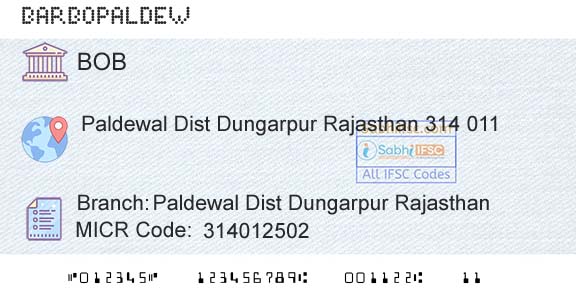 Bank Of Baroda Paldewal Dist Dungarpur RajasthanBranch 