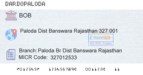 Bank Of Baroda Paloda Br Dist Banswara RajasthanBranch 
