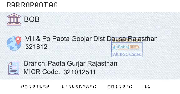Bank Of Baroda Paota Gurjar RajasthanBranch 
